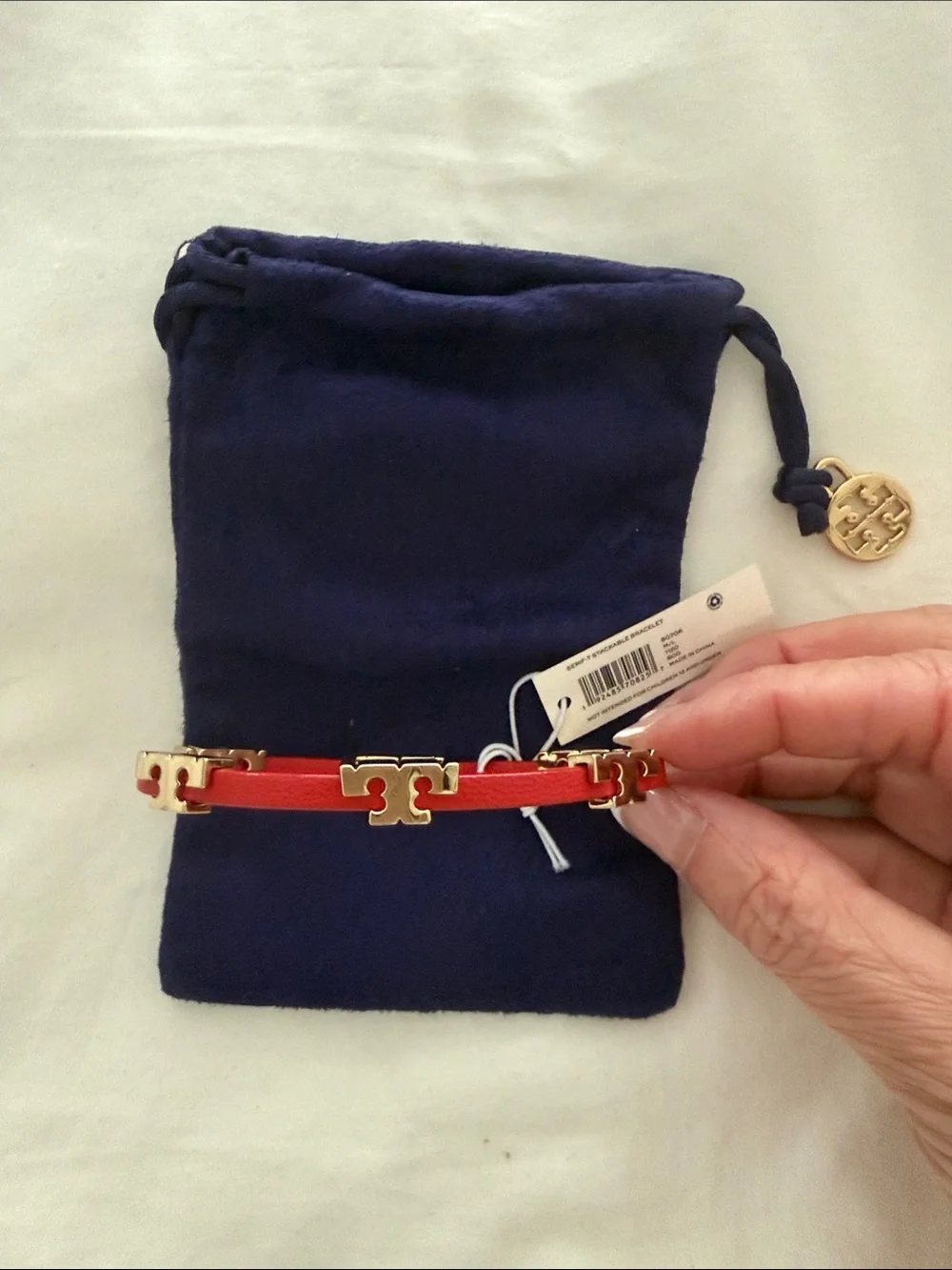 Tory Burch Red Leather Bracelet with Gold Logo Links